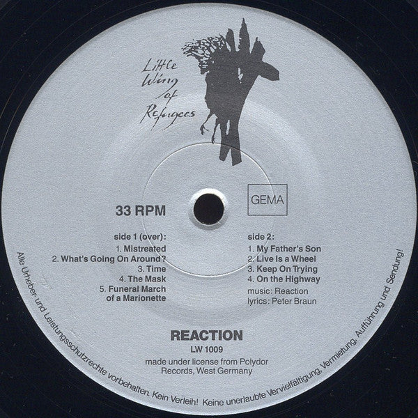 Image of Label Cover of LP - VG+/VG+ - REACTION, Reaction (Little Wing Of Refugees; LW 1009, Germany 1990, Inner), Strong VG+, - 3925473E