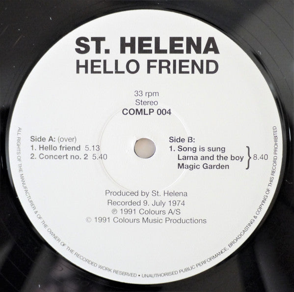 Image of Label Cover of 12" EP - VG+/EX - ST. HELENA, Hello Friend (Colours; COMLP 004, Norway 1991, Booklet), , - 3925462E