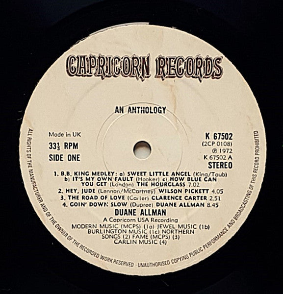 Image of Label Cover of 2xLP - VG/G+ - DUANE ALLMAN, An Anthology (Capricorn; K67502, UK 1972, Gatefold, Booklet), Tracklist sticker on rear. Large crease and heavy wear to top left corner and spine. , - 3526304E