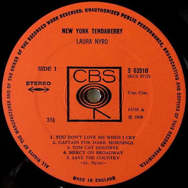 Image of Label Cover of LP - VG/VG - LAURA NYRO, New York Tendaberry (CBS Smooth Orange ; 63510, UK 1970, Inside Loading Gatefold Sleeve, E. J. Day Sleeve, Cop. Con. On Labels), Edge and Ring Wear, Timing Stickers Stuck To Labels, - 1226225E