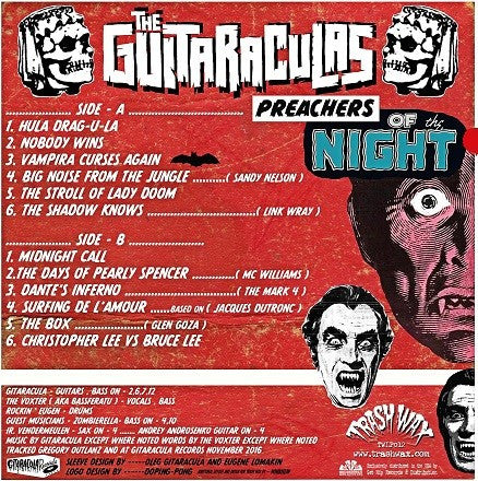 Image of Back Cover of 4045149S: LP - THE GUITARACULAS, Preachers Of The Night (Trash Wax; TWLP012, UK & Ireland 2017, Limited Edition, Clear) EX/EX