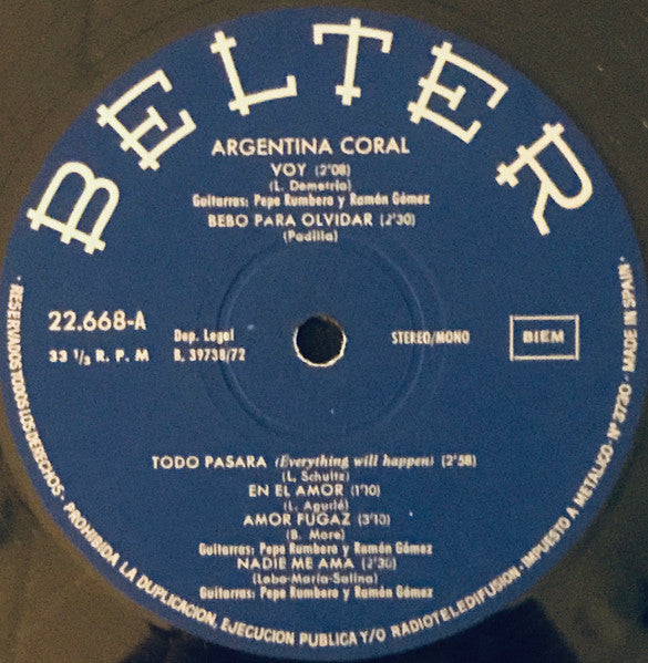 Image of Label Cover of LP - VG/VG - ARGENTINA CORAL, Argentina Coral (Belter; 22.668, Spain 1972), Sticker Mark, - 4145182S