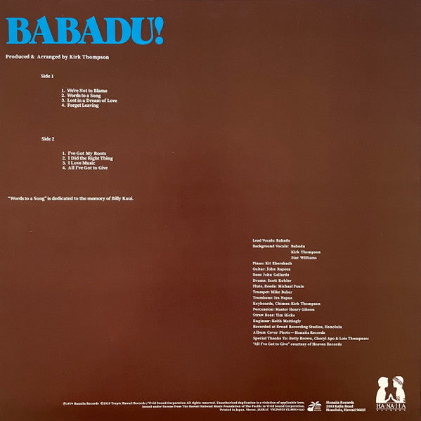 Image of Back Cover of LP - VG+/VG - BABADU, Babadu! (Tropic Hawaii Records; VSLP4020, Japan 2020 Reissue), , - 4125083E