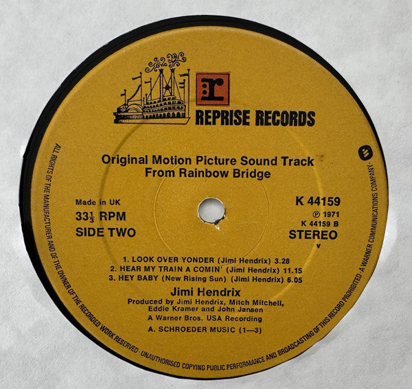 Image of Label Cover of LP - VG/VG - JIMI HENDRIX, Rainbow Bridge - Original Motion Picture Sound Track (Reprise Records; K 44159, UK 1970s Reissue, 'Made in UK' Above Speed Indicator, Warner Logo at end of Rim Text on Label), Hairlines, Edge wear, - 4115243C