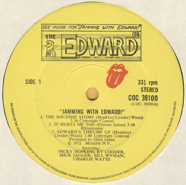 Image of Label Cover of LP - VG+/VG - NICKY HOPKINS & CO, Jamming With Edward (Rolling Stones; COC39100, UK 1972, A2/B2), , - 1916191C