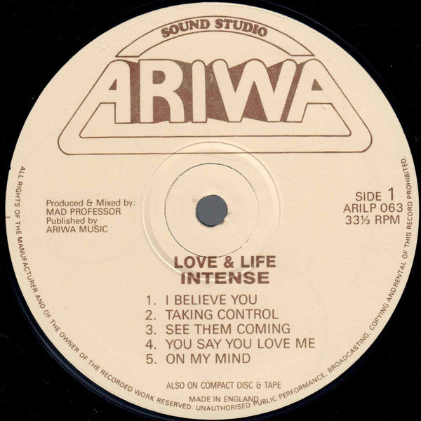 Image of Label Cover of LP - VG/VG - INTENSE, Love And Life (Ariwa; ARILP063, UK 1991), Light marks only. Edge wear and sticker residue to sleeve., - 4416128C