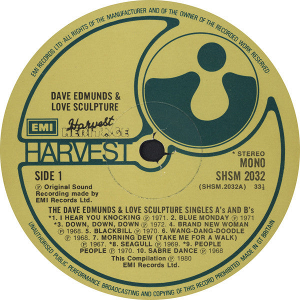 Image of Label Cover of LP - VG/VG+ - DAVE EDMUNDS & LOVE SCULPTURE, The Dave Edmunds & Love Sculpture Single's A's & B's (Harvest; SHSM 2032, UK 1980), , - 4415263C