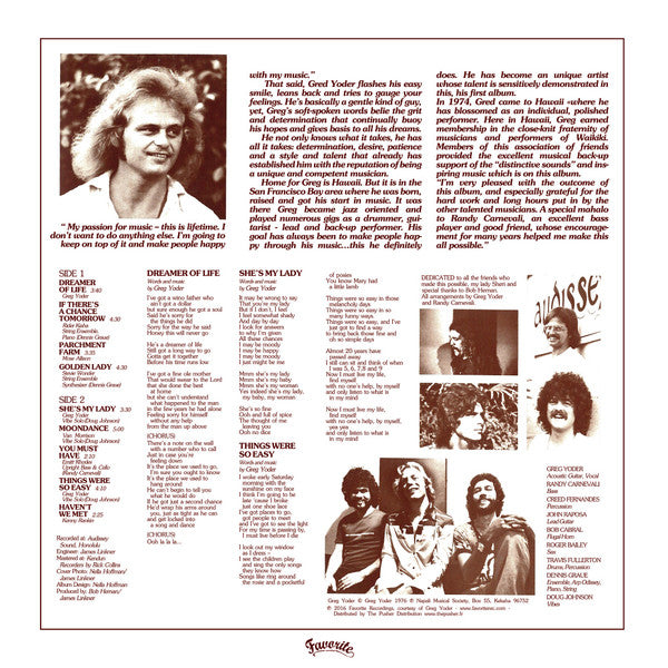 Image of Back Cover of LP - VG+/VG+ - GREG YODER, Dreamer Of Life (Favorite Recordings; FVR117LP, France 2016, Textured Pasteback Sleeve), Still in shrinkwrap. A few light hairlines on A side., - 4445140S