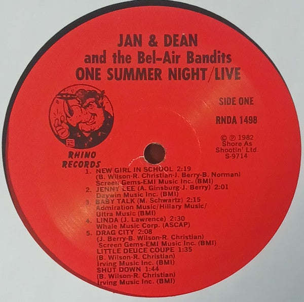 Image of Label Cover of 4415379C: LP - JAN & DEAN & THE BEL-AIR BANDITS, One Summer Night / Live (Rhino Records; RNDA 1498, US 1982, Gatefold, Printed Plastic Inners) VG/VG+