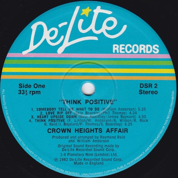 Image of Back Cover of 4515182C: LP - CROWN HEIGHTS AFFAIR, Think Positive! (De-Lite Records; DSR 2, UK 1982) Light marks to disc. Wear and small tear to sleeve opening. G+/G+