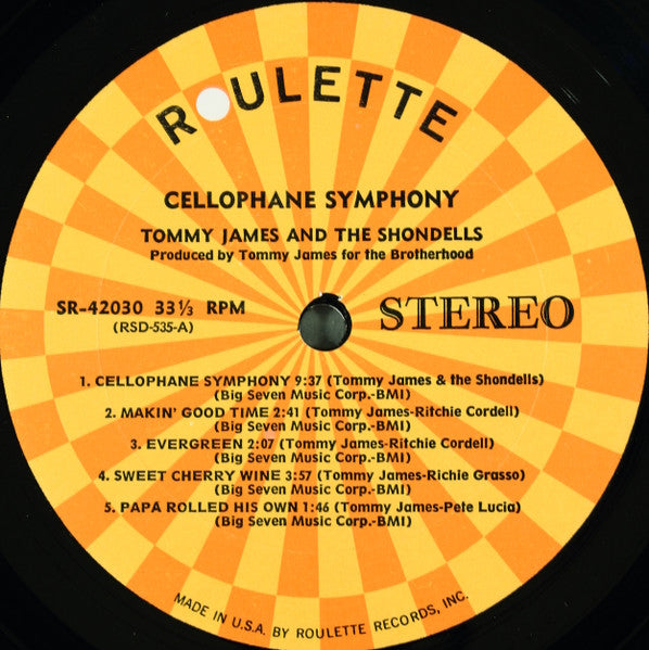 Image of Label Cover of 4545159S: LP - TOMMY JAMES AND THE SHONDELLS, Cellophane Symphony (Roulette; SR-42030, US 1969) Corner cut (notched). Still In Opened Shrinkwrap. VG/VG+
