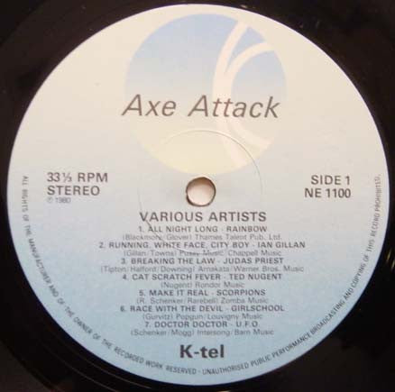Image of Label Cover of 4525153E: LP - VARIOUS, Axe Attack (K-Tel; NE 1100, UK & Ireland 1981) VG+/VG+