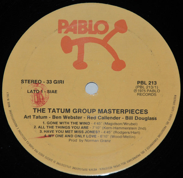 Image of Label Cover of 4515265C: LP - ART TATUM / BEN WEBSTER, The Tatum Group Masterpieces (Pablo Records; PBL 213, Italy 1970s Reissue) Sleeve worn, creased, scuffed VG/VG