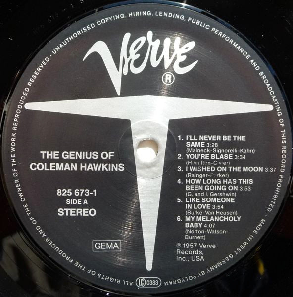 Image of Label Cover of 4515268C: LP - COLEMAN HAWKINS, The Genius Of Coleman Hawkins (Verve Records; 825 673-1, Germany 1986 Reissue) VG/G+