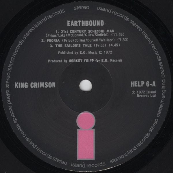 Image of Label Cover of LP - VG/VG - KING CRIMSON, Earthbound (Island Records; HELP 6, UK 1972), Light Marks On Back Sleeve, - 3046169S