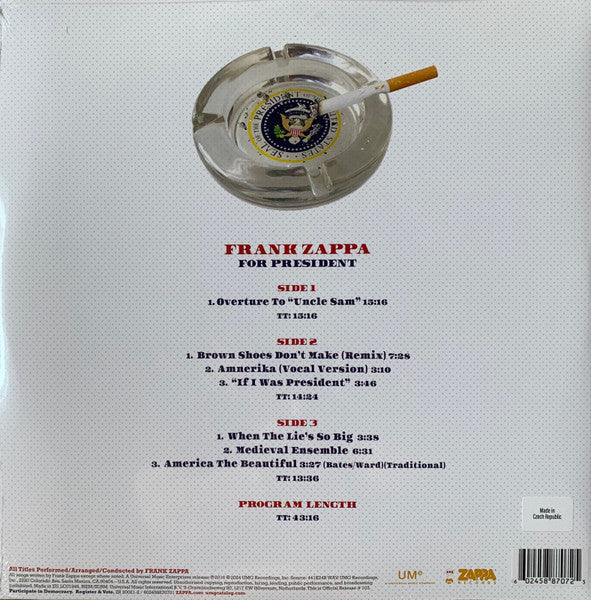 Image of Back Cover of 4645023S: 2xLP - FRANK ZAPPA, Frank Zappa For President (Zappa Records; ZR 20021-2, Europe 2024 Reissue, Gatefold, Poster, Blue Vinyl) Opened Instore, Still In Stickered Shrinkwrap, Both LP's on Blue EX/EX