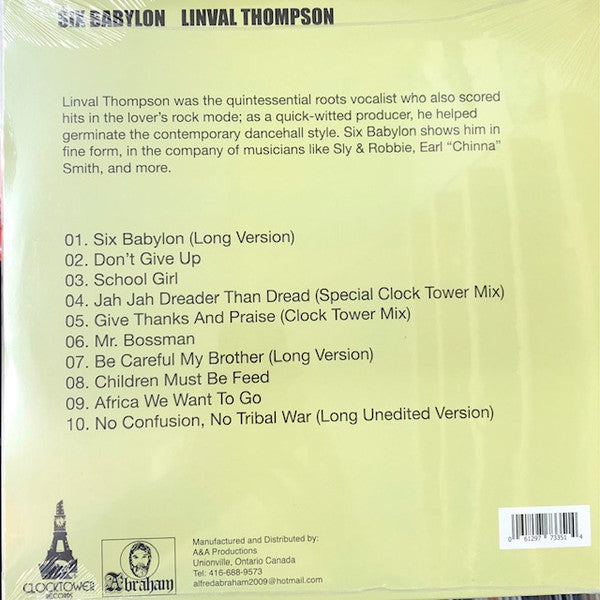 Image of Back Cover of 4615681C: LP - LINVAL THOMPSON, Six Babylon (Clocktower Records; CTLP0111, Canada 2000s Reissue, Blue Marbled Vinyl) Sleeve in shrink. EX/EX