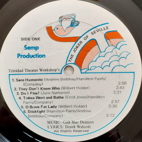 Image of Label Cover of 4625246E: LP - DEREK WALCOTT AND GALT MACDERMOT, The Joker Of Seville (Trinidad Theatre Workshop Original Cast Album) (Semp Production; CI 2575, Trinidad & Tobago 1974) Hairlines. Large sticker damage on front of sleeve, edge wear, stamp on back of sleeve. G+/VG