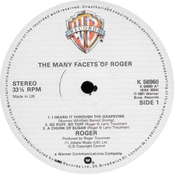 Image of Label Cover of LP - G+/EX - ROGER, The Many Facets Of Roger (Warner Bros. Records; K 56960, UK 1981, Inner), Light wear around edges of sleeve.Evidence of previous price sticker on sleeve. Small tear., - 1746326S