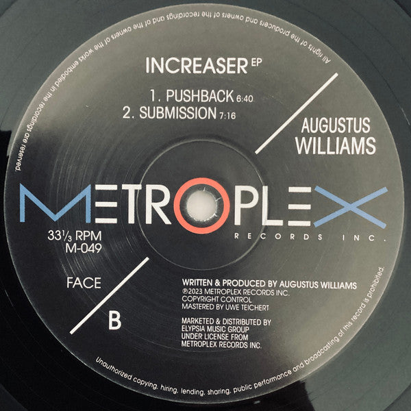 Image of Back Cover of 12" - /VG+ - AUGUSTUS WILLIAMS, Increaser EP (Metroplex; M-049, US 2023, Plain Sleeve, Still in shrink wrap, but not sealed.), Couple very minor scuffs, otherwise EX., - 4725043E
