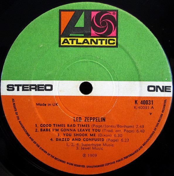 Image of Label Cover of LP - VG/G+ - LED ZEPPELIN, Led Zeppelin (Atlantic Green & Orange; K40031, UK 1972 Reissue, Laminated Sleeve, Crossover pressing, 2 Matrix Numbers In Each Run Out, No Pete Norman Credit), Lots of surface hairlines, Sleeve lightly worn, - 3716209C