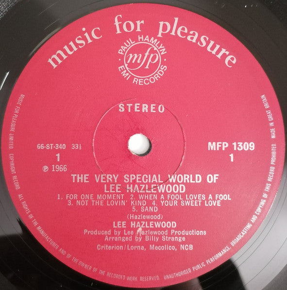 Image of Label Cover of 4745151S: LP - LEE HAZLEWOOD, The Very Special World Of Lee Hazlewood (Music For Pleasure; MFP 1309, UK 1969 Reissue, Laminated Flipback Sleeve, Company Inner, Without "SOLD IN U.K..." on Labels) Edge wear and creasing. Clean disc. VG/VG+