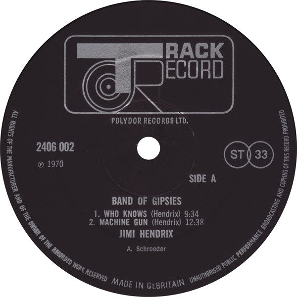Image of Label Cover of 4725171E: LP - HENDRIX, Band Of Gypsys (Track Record; 2406 002, UK 1970, Puppet sleeve) Vinyl is strong VG - a few very light hairlines only. Sleeve has edgewear, a little staining on rear, hint of ringwear. VG/VG
