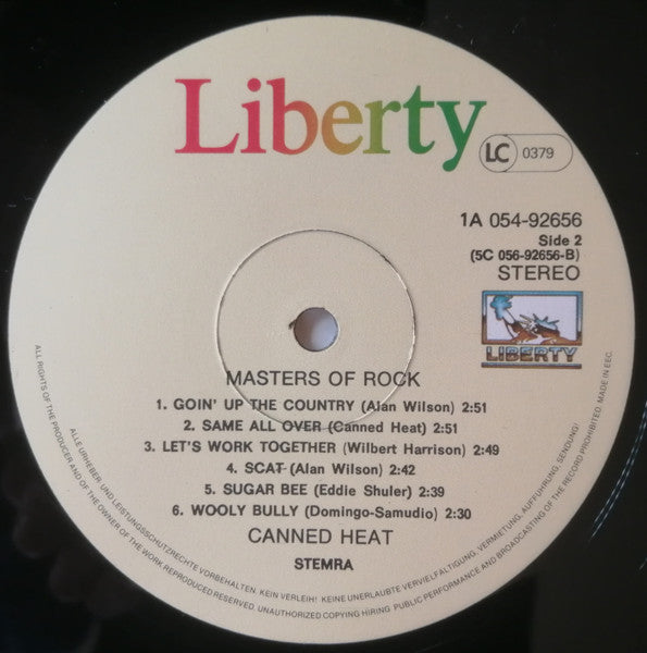 Image of Label Cover of 4715243C: LP - CANNED HEAT, Masters Of Rock (Liberty; 1A 054-92656, Netherlands 1980s, STEMRA Only on Labels) Conifer Import Sticker VG/VG