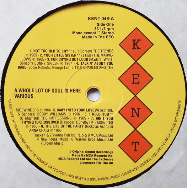 Image of Label Cover of 4725175E: LP - VARIOUS, A Whole Lot Of Soul Is Here! (Kent Records; KENT 048, Europe 1985) VG/VG