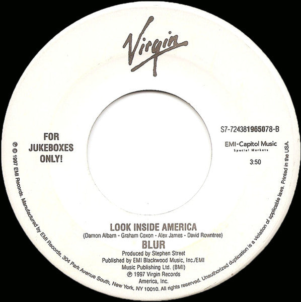 Image of Back Cover of 5015268S: 7" - BLUR, M.O.R. / Look Inside America (Virgin; S7-724381965078, US 1997, Jukebox, Plain Sleeve) Strong VG /VG