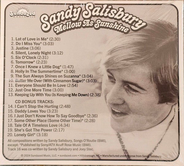 Image of Back Cover of 4755225S: CD - SANDY SALISBURY, Mellow As Sunshine (Sundazed Music; SC 5669, US 2024) Still SEALED In Shrinkwrap EX/EX