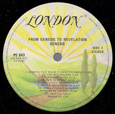 Image of Label Cover of 4725294E: LP - GENESIS, From Genesis To Revelation (London Records; PS 643, Canada 1970s Reissue, Inner, Fourth Canada issue) VG/VG