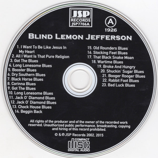 Image of Label Cover of 4xCD - VG+/VG+ - BLIND LEMON JEFFERSON, The Complete 94 Classic Sides Remastered (JSP Records; JSP7706, Europe 2016, Box Set), , - 4855001S