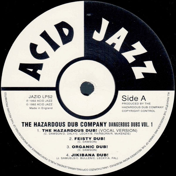Image of Label Cover of 4815153C: LP - THE HAZARDOUS DUB COMPANY, Dangerous Dubs Vol. 1 (Acid Jazz; JAZID LP 52, UK 1992) EX/VG+