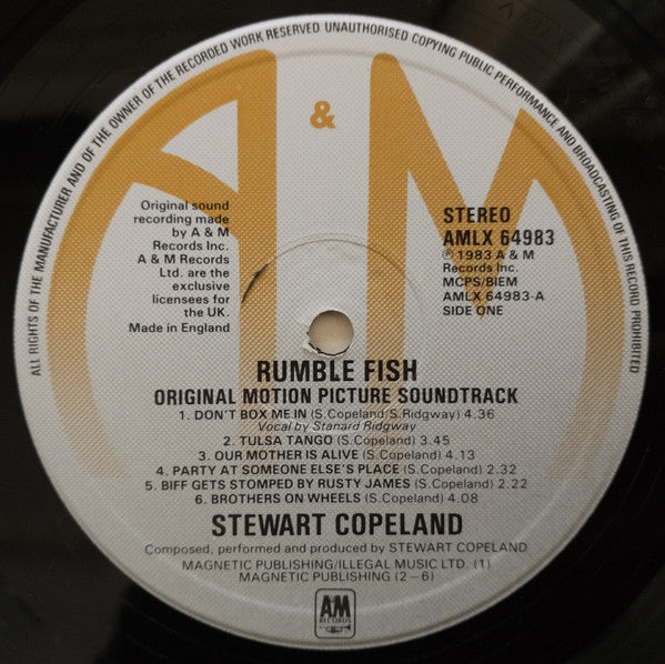 Image of Label Cover of LP - VG/VG - STEWART COPELAND, Rumble Fish (Original Motion Picture Soundtrack) (A&M Records; AMLX 64983, UK 1983), Strong VG, - 4815096C