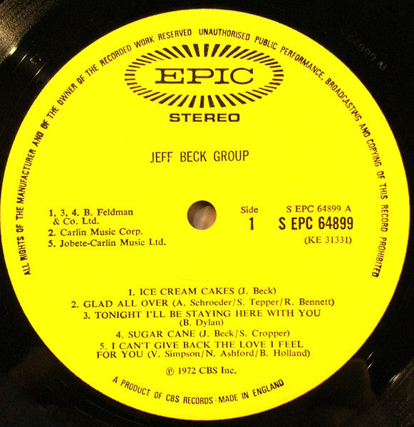 Image of Label Cover of 4825170E: LP - JEFF BECK GROUP, Jeff Beck Group (Epic; EPC 64899, UK 1972) Creasing and ring wear. Large mark causes a small click over tracks B1 and B2. VG/G+