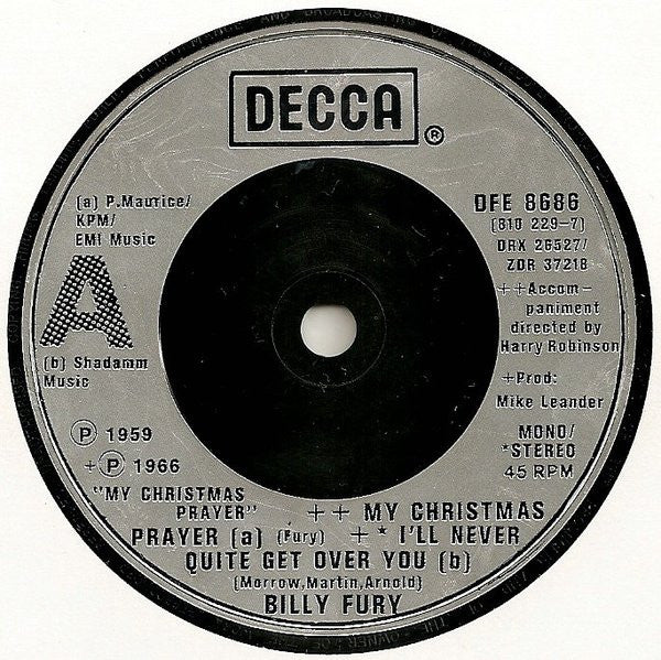 Image of Label Cover of 4815411C: 7" EP - BILLY FURY, My Christmas Prayer (Decca; DFE 8686, UK 1983, Picture Sleeve, Stereo, Mono, Silver Injection Labels) VG/VG