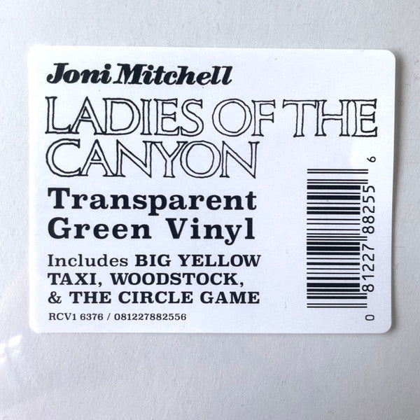 Image of Label Cover of LP - VG+/VG - JONI MITCHELL, Ladies Of The Canyon (Reprise Records; RCV1 6376, Europe 2023 Reissue, Green Vinyl), Very slight warp, doesnt affect playback, some very faint marks. , - 2216561C