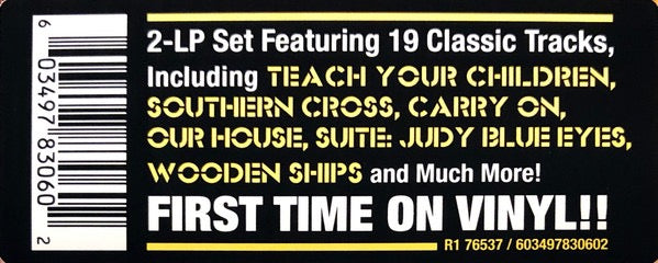 Image of Back Cover of 4815522C: 2xLP - CROSBY, STILLS & NASH, Greatest Hits (Rhino Records; R1 76537, Europe 2023 Reissue, Gatefold) Still In Opened Shrinkwrap With Hype Sticker EX/VG