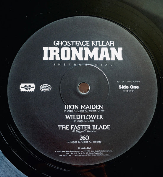 Image of Label Cover of 4915006C: 2xLP - GHOSTFACE KILLAH, Ironman - Instrumental (Razor Sharp Records; E2 67729, UK 1996, Picture Sleeve) Discs all have marks and hairlines, side 2 has several larger scratches than the rest. Sleece has light creasing at the opening towards the bottom and light wear to corners. VG/G