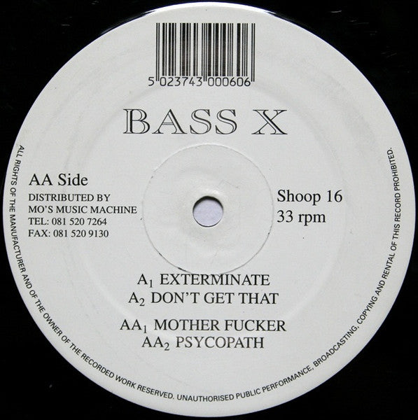 Image of Back Cover of 4945038S: LP - BASS X, Exterminate (Shoop!; Shoop 16, UK 1994) Multiple scratches over both sides /G