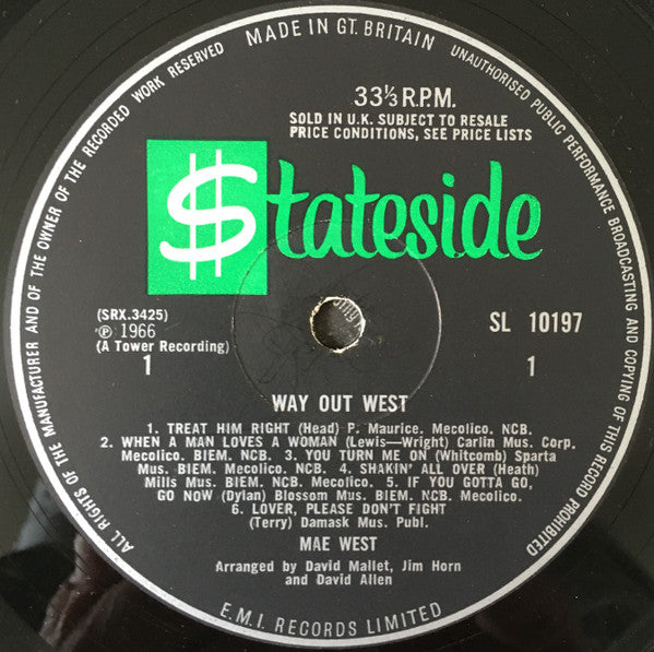 Image of Label Cover of 4925065E: LP - MAE WEST, Way Out West (Stateside; SL 10197, UK 1966, Laminated Flipback Sleeve, Stereo) VG+/VG