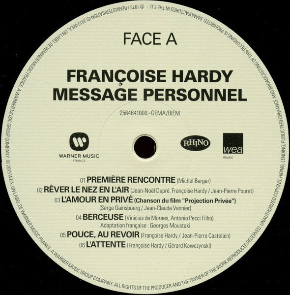 Image of Label Cover of LP - VG+/EX - FRAN OISE HARDY, Message Personnel (Rhino Records; 2564641000, France 2016 Reissue, 180 Gram Vinyl), , - 1626154E