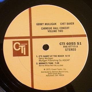 Image of Label Cover of 4925096E: LP - GERRY MULLIGAN / CHET BAKER, Carnegie Hall Concert - Volume 2 (CTI Records; CTI 6055 S1, US 1975) VG+/VG+