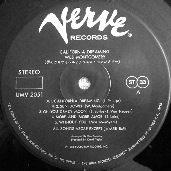 Image of Label Cover of 4915149C: LP - WES MONTGOMERY, California Dreaming (Verve Records; UMV 2051, Japan 1981 Reissue, Gatefold, Insert, No Obi) Light Marks only. VG/G+