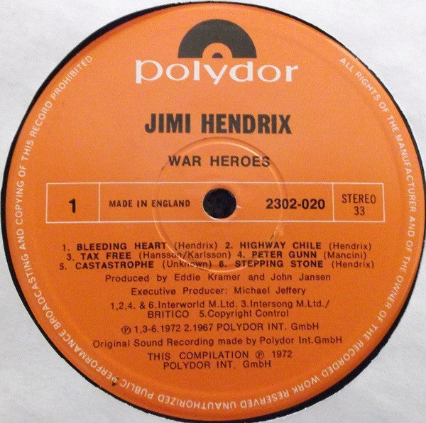 Image of Label Cover of 4915103C: LP - JIMI HENDRIX, War Heroes (Polydor; 2302 020, Germany 1970s Reissue, Made In England on Labels) Strong VG, Just a few wispy hairlines VG/VG
