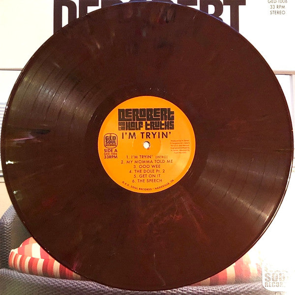 Image of Label Cover of LP - VG+/VG+ - DEROBERT & THE HALF-TRUTHS, I'm Tryin' (G.E.D. Soul Records; GED-1006, US 2014, Maroon Marbled Vinyl), , - 4945200S