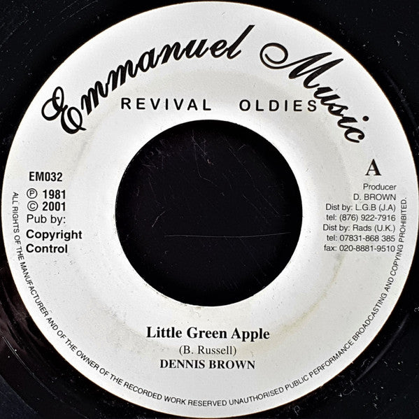 Image of Front Cover of 7" - /VG+ - DENNIS BROWN, Little Green Apple / I Love You Madly (Emmanuel Music; EM032, UK 2001 Reissue), , - 2826142E