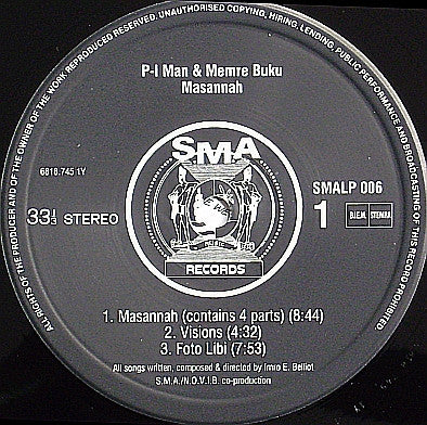 Image of Label Cover of LP - VG/VG+ - P.I. MAN & MEMRE BUKU, Masannah (SMA Records; SMALP 006, Netherlands 1990, Inner), Light mottling, plays EX., - 4915328C