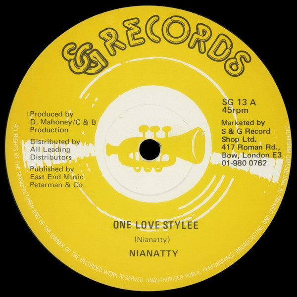 Image of Front Cover of 12" - VG/VG - NIANATTY, One Love Stylee (S & G Records; SG 13, UK 1981, Reggae Disco 45 Sleeve), Lght marks only, shiny disc and plays above grade. Initials on label., - 3426130E